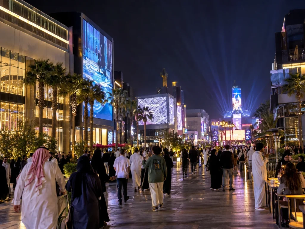 Palm-lined pedestrian street and illuminated screens at Boulevard City