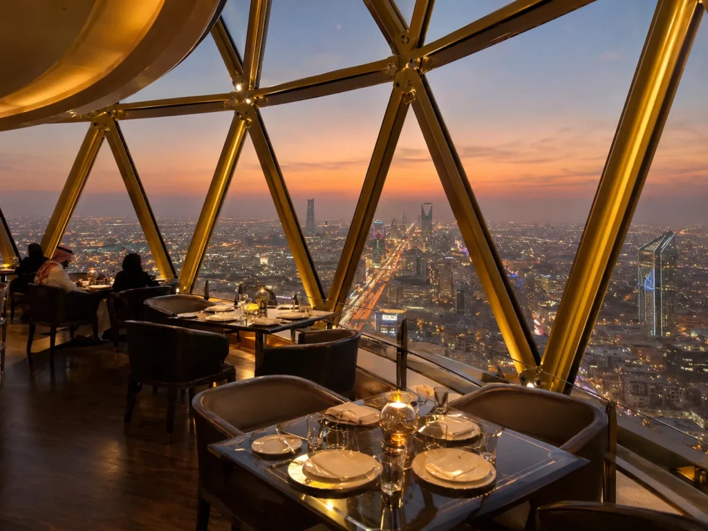 Restaurant tables and a city view through The Globe’s geometric windows