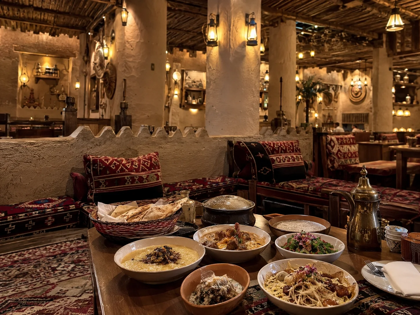 Food served in a traditional-style Najd Village dining room