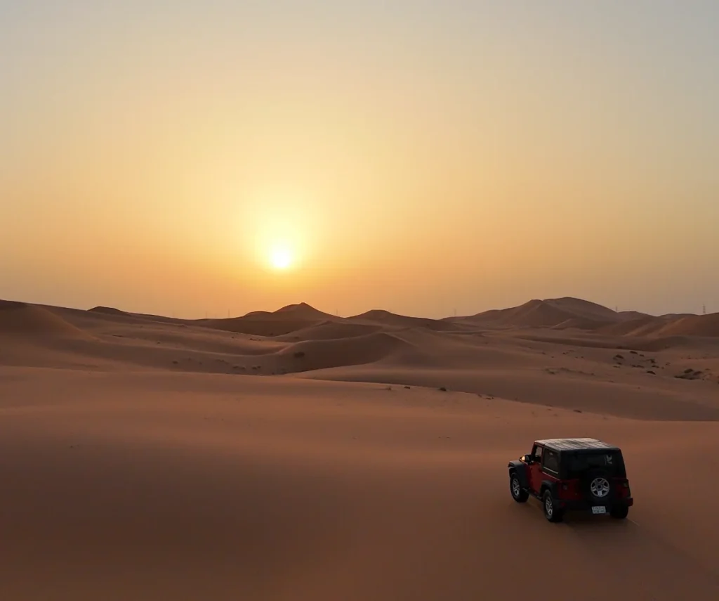 A vehicle among red sand dunes at sunset