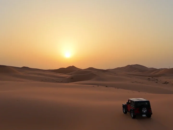 A vehicle among red sand dunes at sunset