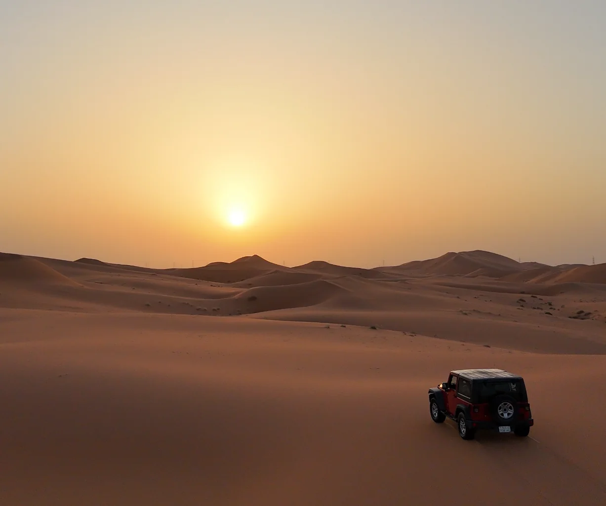 A vehicle among red sand dunes at sunset